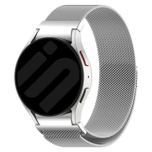 Milanese Strap 'One Push', silver, on a watch, 3/4 front view