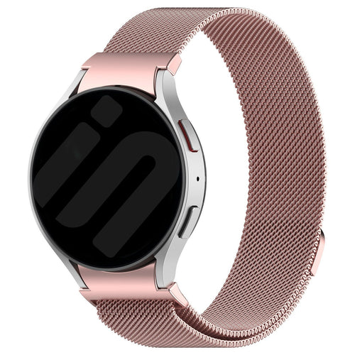 Milanese Strap 'One Push', pink, on a watch, 3/4 front view