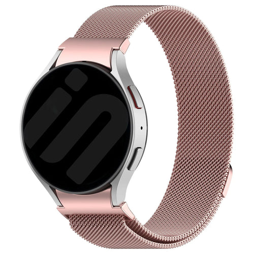 Milanese Strap 'One Push', pink, on a watch, 3/4 front view