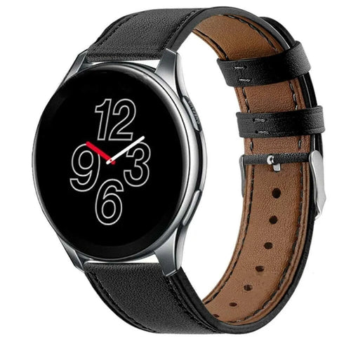 Modern Leather Strap, black, on a watch, 3/4 front view