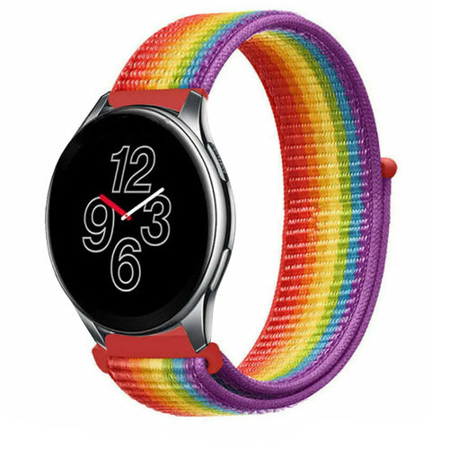 Nylon Strap, rainbow, on a watch, 3/4 front view