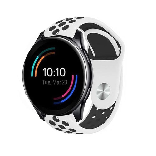 Silicone Sport Strap, white/black, on a watch, 3/4 front view