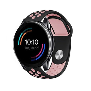 Silicone Sport Strap, black/pink, on a watch, 3/4 front view