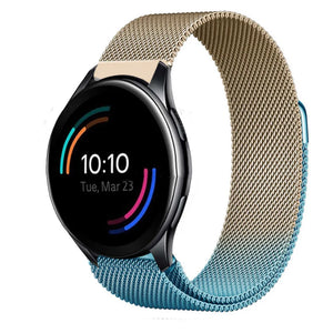 Milanese Strap, blue/gold, on a watch, 3/4 front view