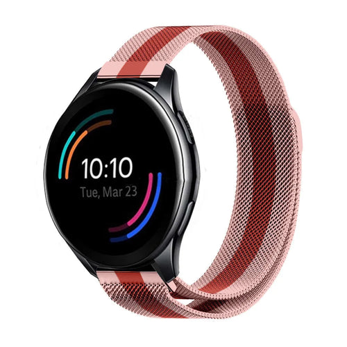 Milanese Strap, red/pink, on a watch, 3/4 front view