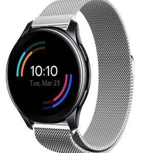 Milanese Strap, silver, on a watch, 3/4 front view