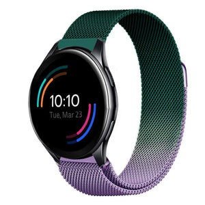 Milanese Strap, purple/green, on a watch, 3/4 front view