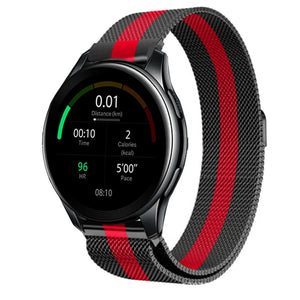 Milanese Strap, black/red, on a watch, 3/4 front view