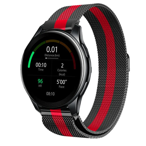 Milanese Strap, black/red, on a watch, 3/4 front view