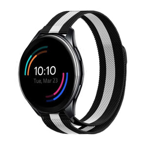 Milanese Strap, black/white, on a watch, 3/4 front view