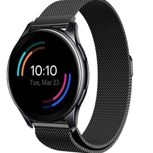Milanese Strap, black, on a watch, 3/4 front view