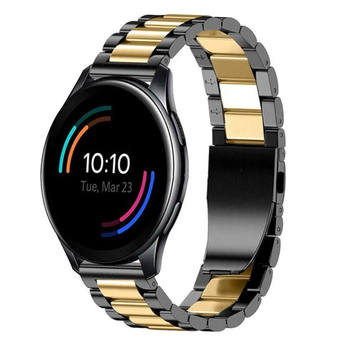 Steel Strap, black/gold, on a watch, 3/4 front view