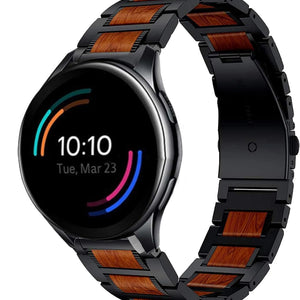 Wood Steel Strap, black, on a watch, 3/4 front view