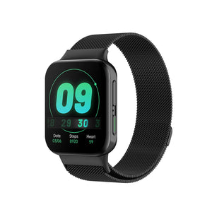 Milanese Strap, black, on a watch, 3/4 front view