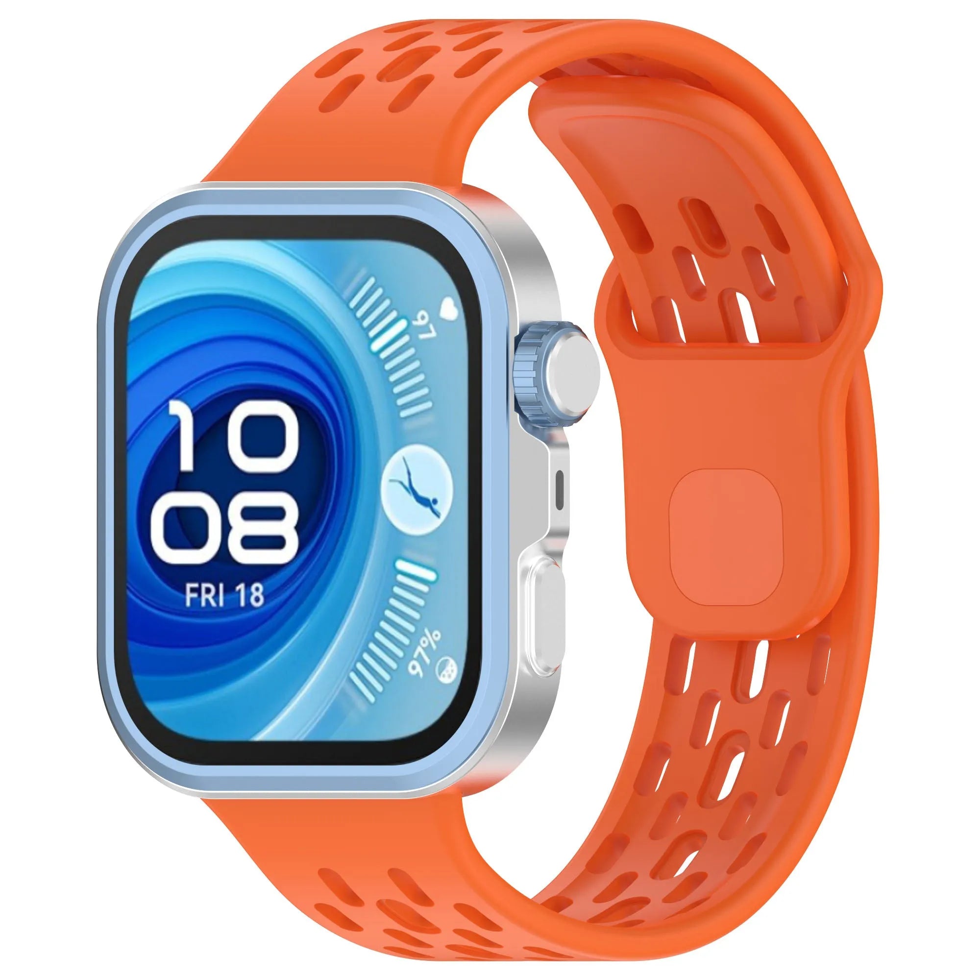 Silicone Air Strap, orange, on a watch, 3/4 front view