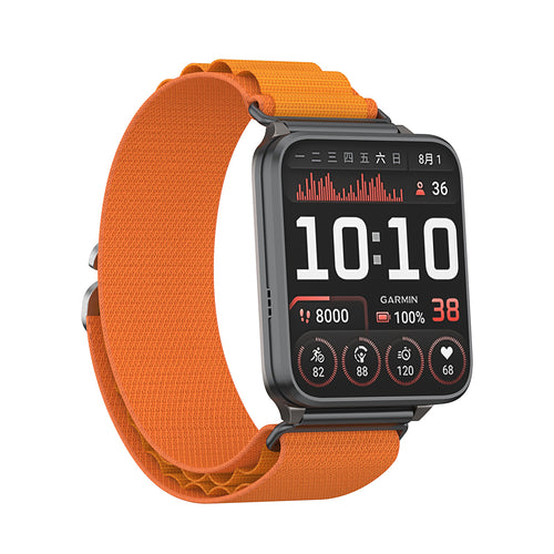 Alpine Nylon Strap, orange, on a watch, 3/4 front view