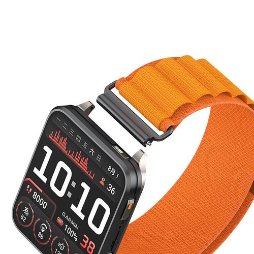 Alpine Nylon Strap, orange, on a watch, 3/4 front view
