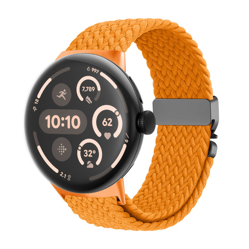 Nylon Braided Strap P-Buckle, orange, on a watch, 3/4 front view
