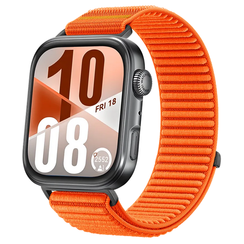 Wave Nylon Strap, orange, on a watch, 3/4 front view