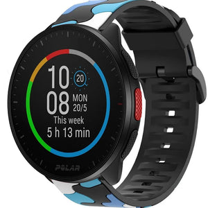 Silicone Camo Strap, blue, on a watch, 3/4 front view