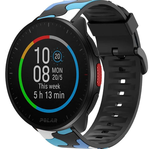 Silicone Camo Strap, blue, on a watch, 3/4 front view