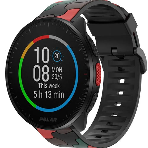 Silicone Camo Strap, red, on a watch, 3/4 front view