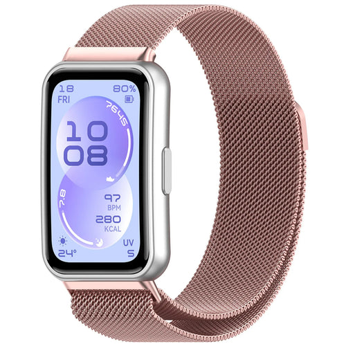 Milanese Strap, pink, on a watch, 3/4 front view