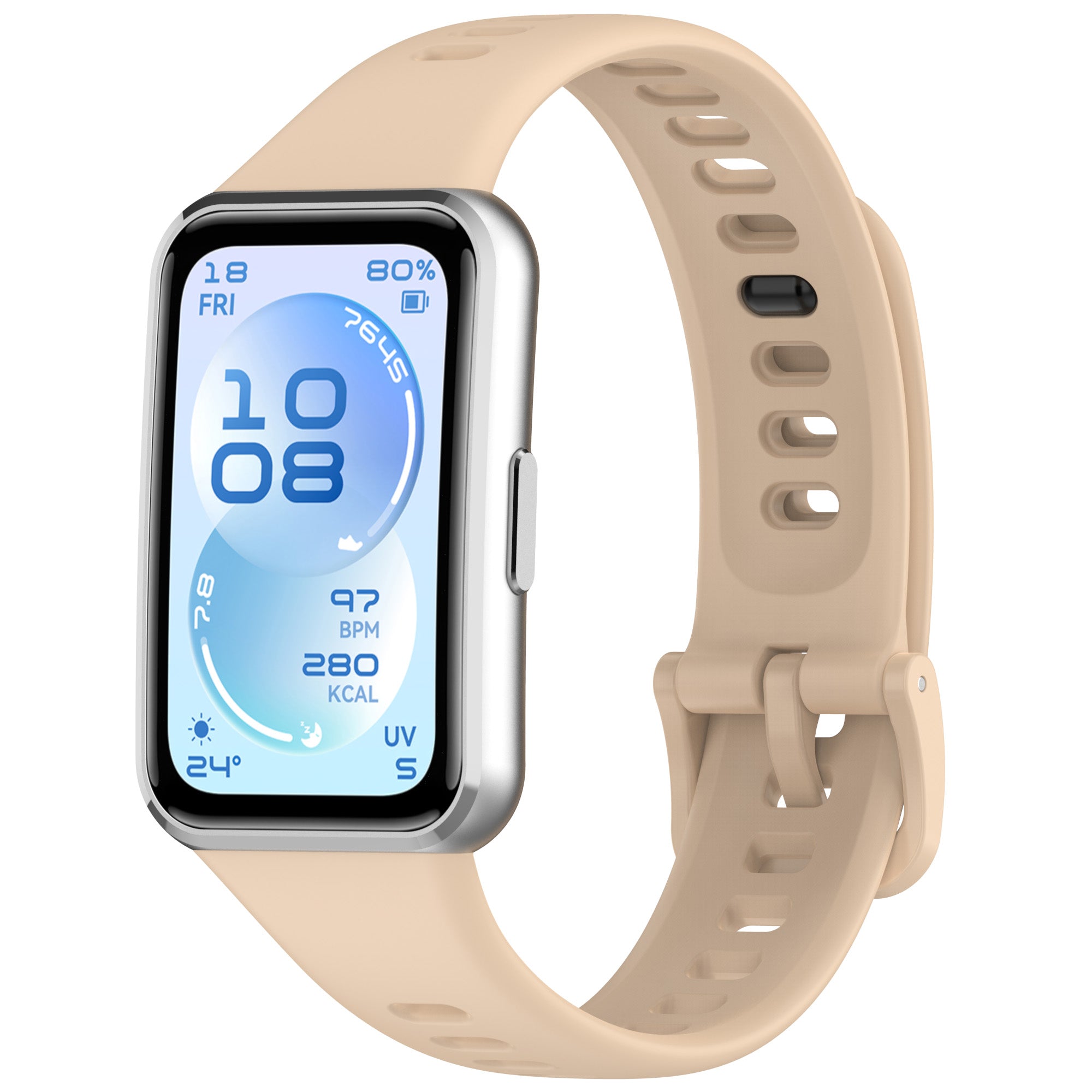 Silicone Strap, pink, on a watch, 3/4 front view