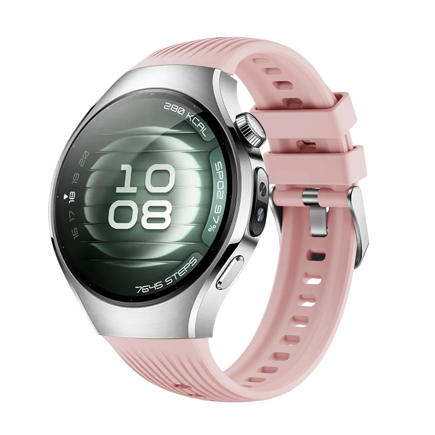 Silicone Strap Perfect Fit, pink, on a watch, 3/4 front view