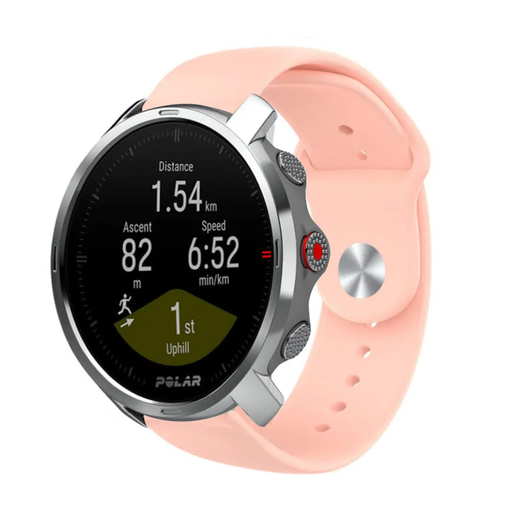 Silicone Sport Strap, pink, on a watch, 3/4 front view