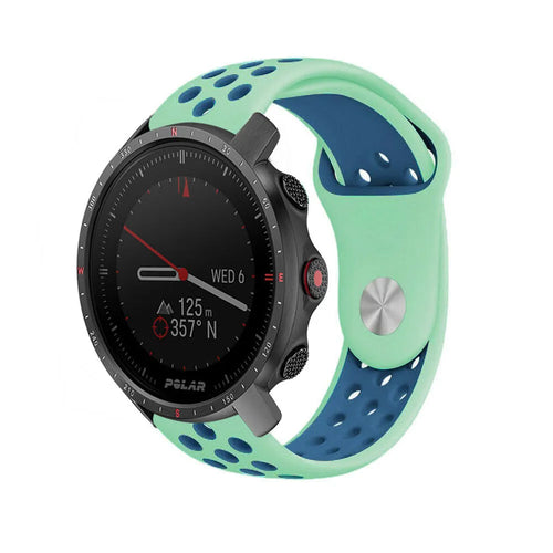 Silicone Sport Strap, aqua/blue, on a watch, 3/4 front view