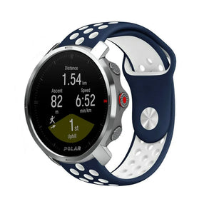 Silicone Sport Strap, blue/white, on a watch, 3/4 front view