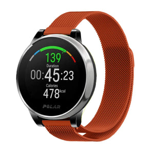 Milanese Strap, orange, on a watch, 3/4 front view