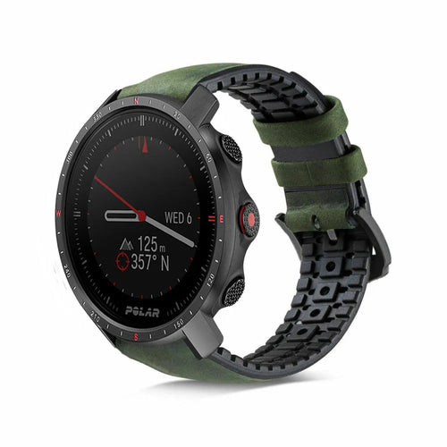 Leather Hybrid Strap, black/green, on a watch, 3/4 front view