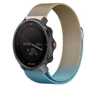 Milanese Strap, blue/gold, on a watch, 3/4 front view