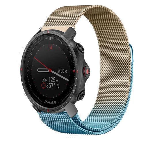Milanese Strap, blue/gold, on a watch, 3/4 front view