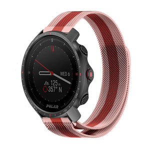 Milanese Strap, red/pink, on a watch, 3/4 front view
