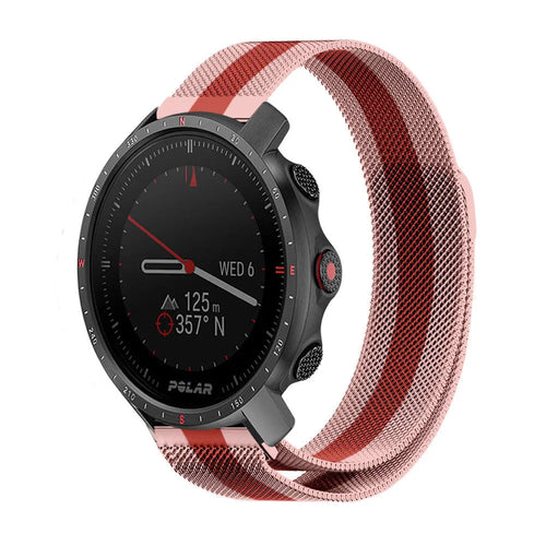 Milanese Strap, red/pink, on a watch, 3/4 front view