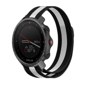 Milanese Strap, black/white, on a watch, 3/4 front view