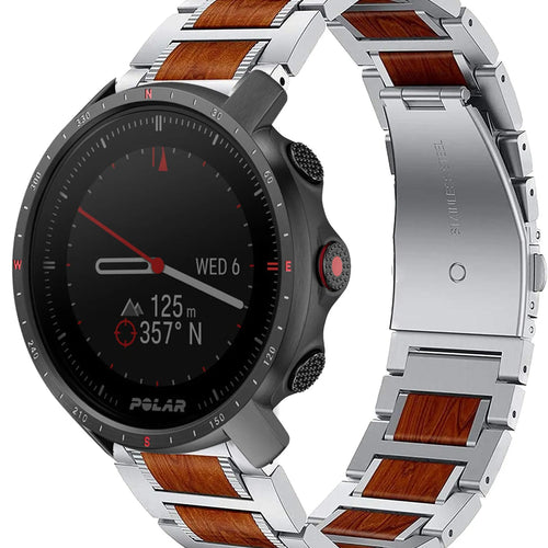 Wood Steel Strap, silver, on a watch, 3/4 front view