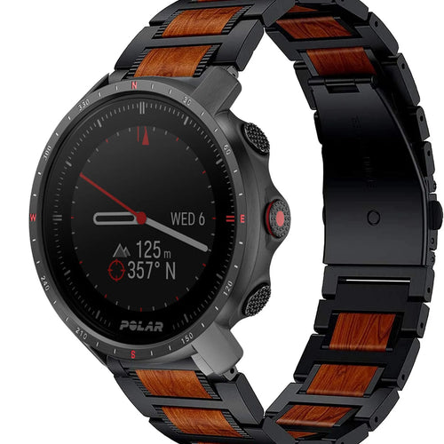 Wood Steel Strap, black, on a watch, 3/4 front view