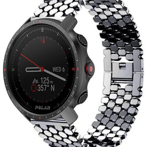 Steel Strap Hexagons, black, on a watch, 3/4 front view