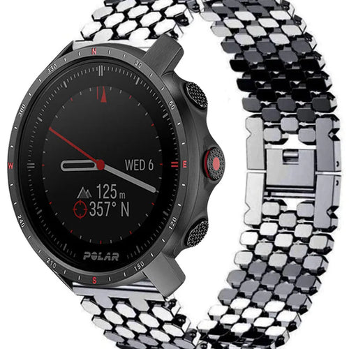 Steel Strap Hexagons, black, on a watch, 3/4 front view