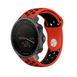 Silicone Sport Strap, red/black, on a watch, 3/4 front view