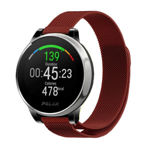 Milanese Strap, red, on a watch, 3/4 front view