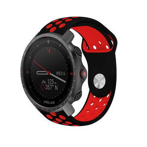 Silicone Sport Strap, black/red, on a watch, 3/4 front view
