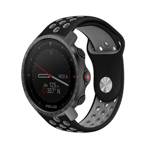 Silicone Sport Strap, black/grey, on a watch, 3/4 front view