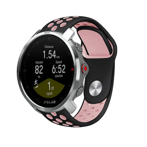 Silicone Sport Strap, black/pink, on a watch, 3/4 front view