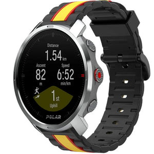 Silicone Special Edition Strap, black/yellow, on a watch, 3/4 front view
