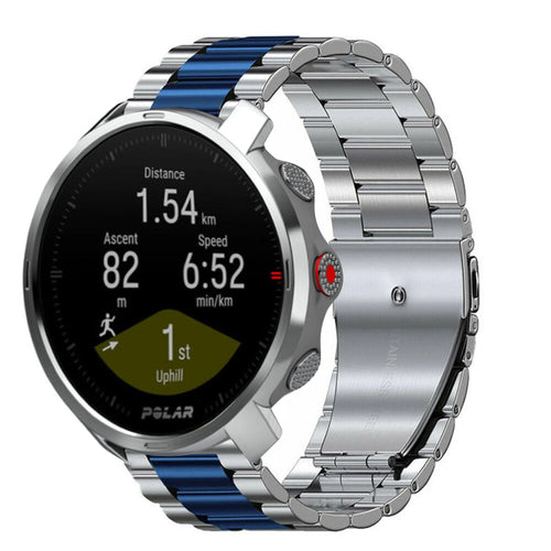 Steel Strap, silver/blue, on a watch, 3/4 front view